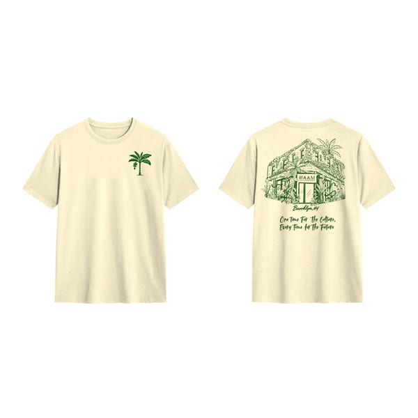 Front and back of a cream HAAM t-shirt with green palm tree and restaurant building designs.