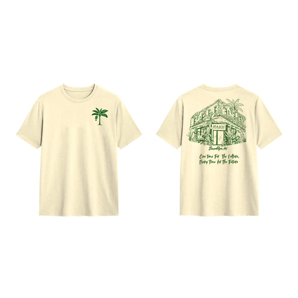 Front and back of a cream HAAM t-shirt with green palm tree and restaurant building designs.